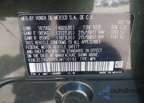 2018 Honda Hr-V Ex from USA, damaged, VIN 3CZRU5H59JM710192